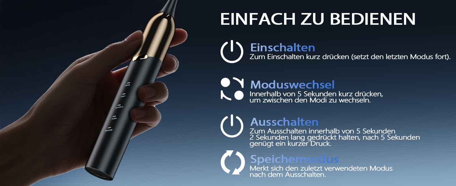 Електрична звукова зубна щітка з 4 насадками та 5 режимами, 50000 VPM, IPX7, таймер 2 хвилини, чорна