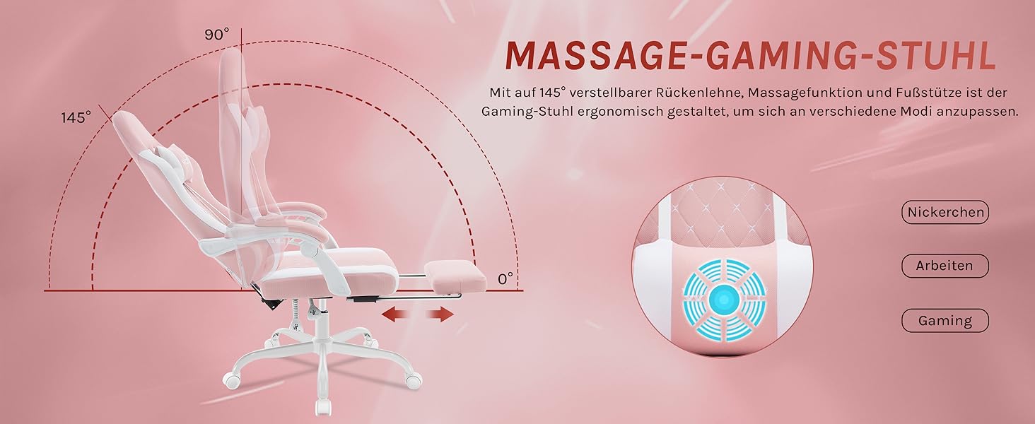 Ігровий крісло WOLTU з масажем, комп'ютерне ергономічне крісло, кишенькові пружинні подушки, масаж попереку, підголовник, підніжка, поворотне крісло, 150 кг, сітчаста тканина, Рожевий+Білий