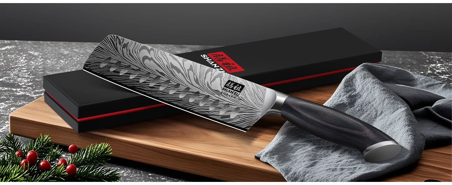 Японський ніж SHAN ZU Nakiri 18 см з пудлової сталі для кухні. Професійний ніж шеф-кухаря з ергономічною ручкою з паккавуду