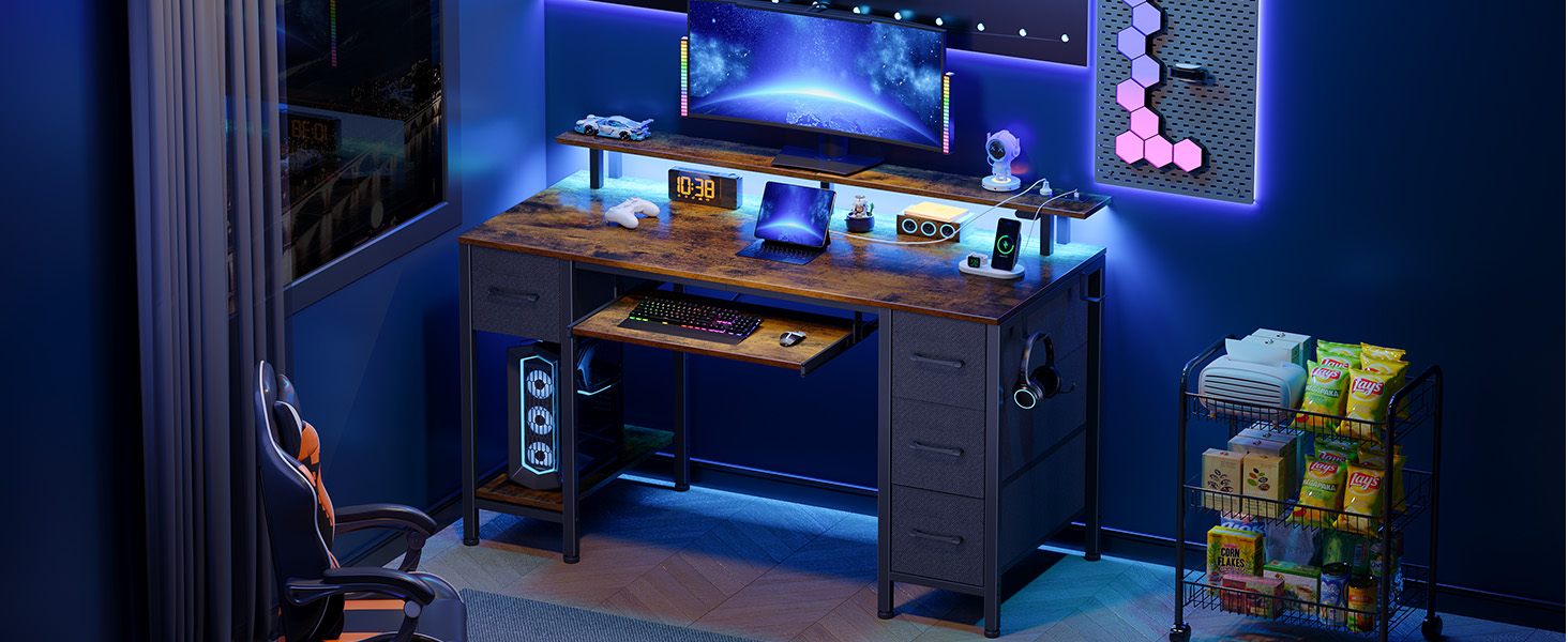 Ігровий стіл Seventable з LED підсвіткою, розетками та USB портами, шухлядами, підставкою для клавіатури та монітора (120x47x87 см, вінтажний коричневий)