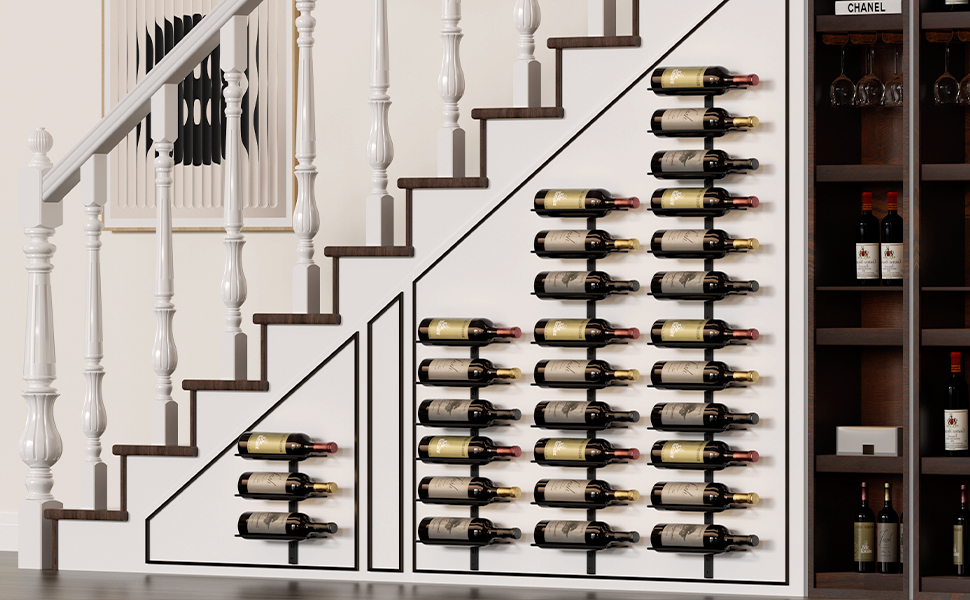 Настінна полиця для вина TJ.MOREE на 12 пляшок, дерев'яний винотримач для кухні, бару, їдальні - чорний комплект 6 шт.