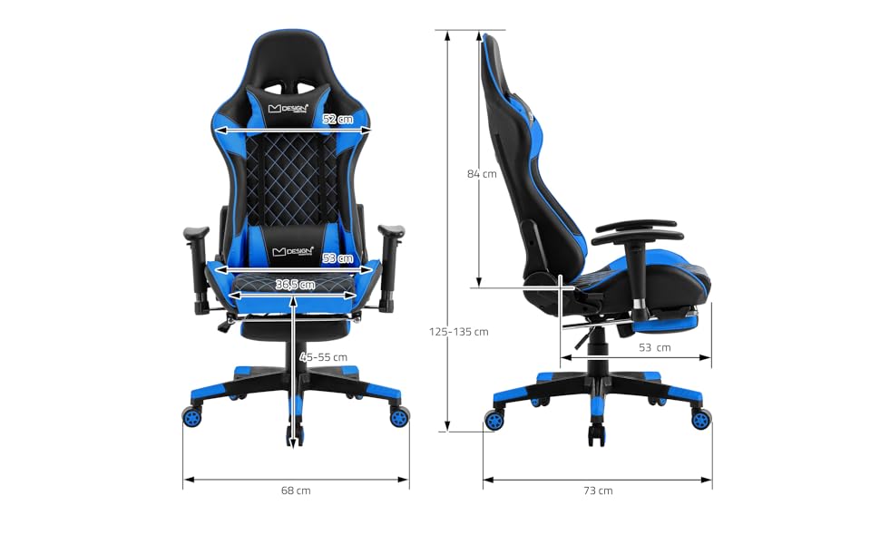 Ігрове крісло ML-Design, Шкірозамінник, Ергономічне, З підставкою для ніг, Підлокітником, Підголівник, Синій