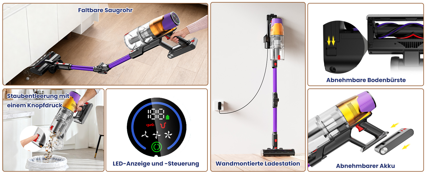Бездротовий пилосос Linkfly A12 з функцією миття підлоги, 8-в-1, 48Kpa, 550W, 70Min, сенсорний екран, контейнер 1,5L, док-станція для стін, підходить для килимів/авто/шерсті домашніх тварин, фіолетовий