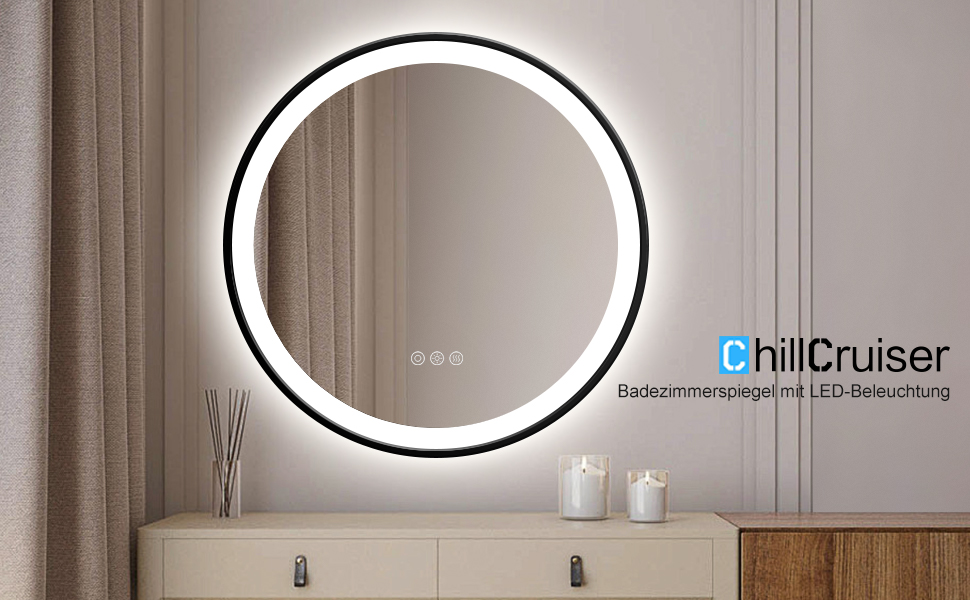 Круглий LED-дзеркало для ванної кімнати ChillCruiser 50 см з чорною рамою, антизапар, 3 кольори, 500 мм