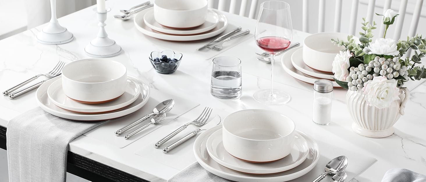 MALACASA Сервіз на 6 осіб (24 предмети) з реактивної глазурі, кераміка, білий з коричневим, для дому та ресторану