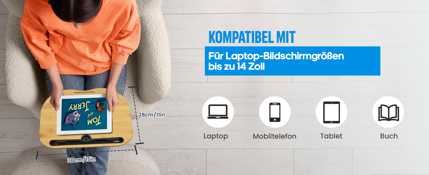 Підставка для ноутбука VLOXO з бамбука для ліжка та дивана, м'яка підкладка, ергономічне коліно, з отвором для кабелю та антиковзким покриттям, для ноутбуків/планшетів/MacBook до 14 дюймів, коричнева