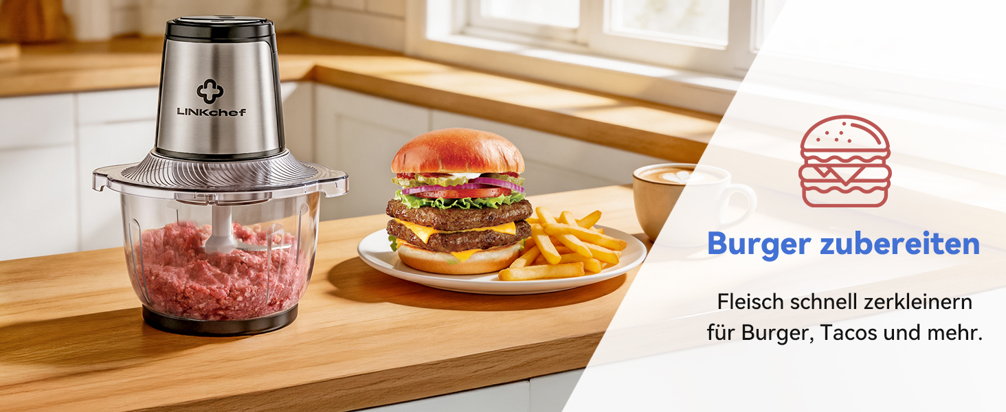 Подрібнювач LINKChef електричний 1.5л, скляна чаша, сталеві ножі, 2 швидкості, для м'яса, фруктів, овочів та дитячого харчування, сріблястий