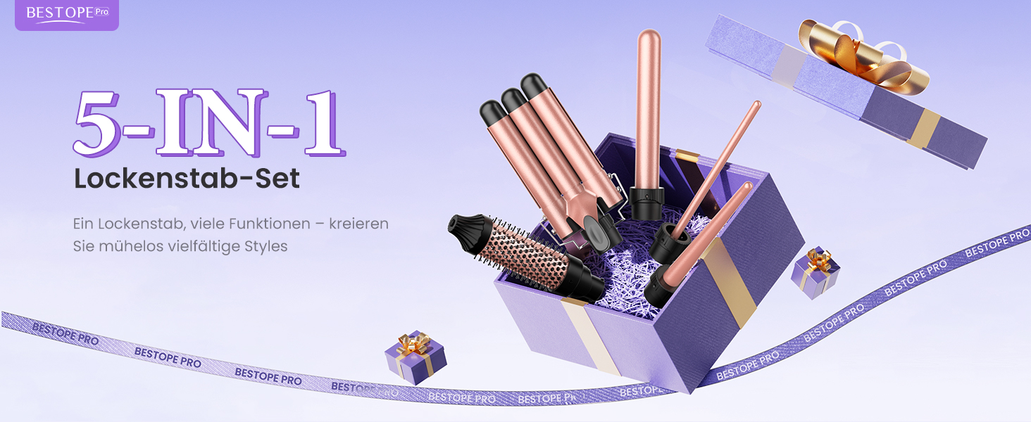 Набір для створення локонів BESTOPE PRO 5 в 1 з LED-дисплеєм: 3 насадки, регулювання температури, рукавичка, кліпси, рожеве золото