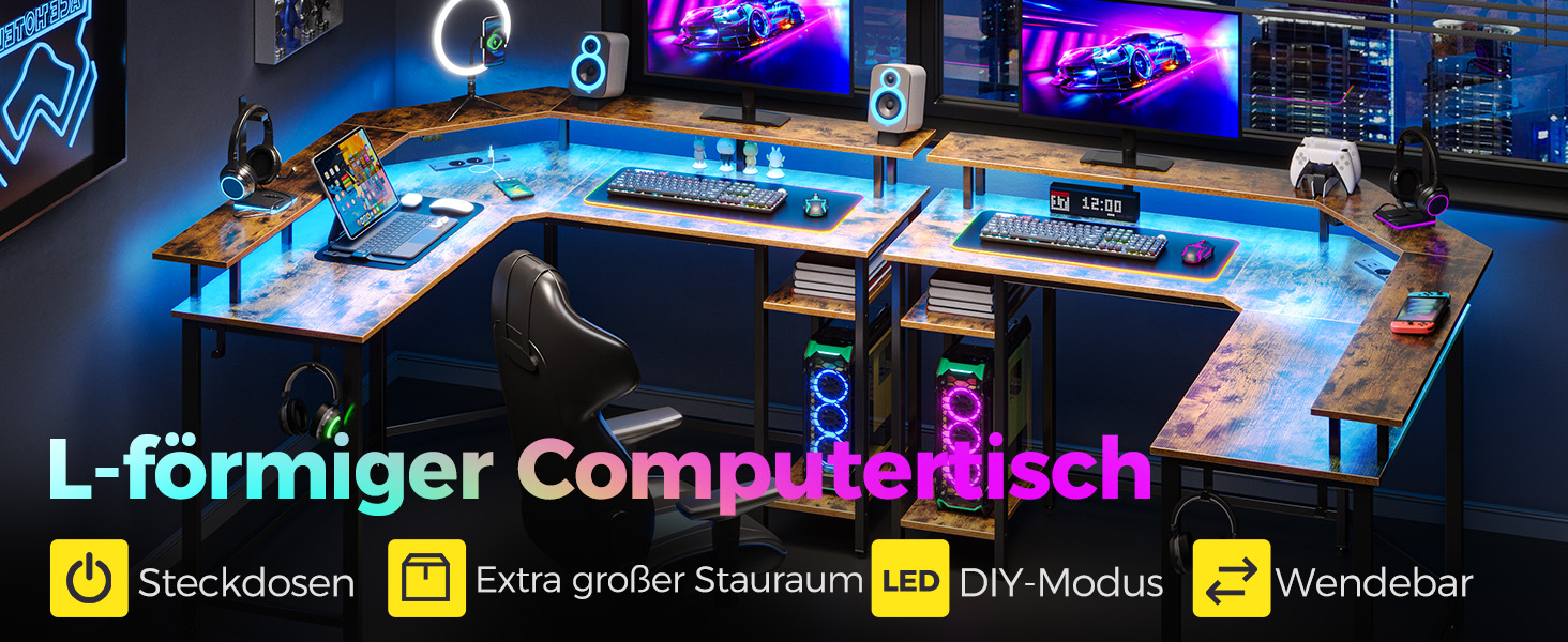 Кутовий стіл Rolanstar з RGB-підсвіткою та розетками, 135 см, для комп'ютера з підставкою для монітора та полицею, реверсивний, з 2 гачками, для спальні/офісу, вінтажний коричневий, 134,5 x 134,5 x 86,2 см