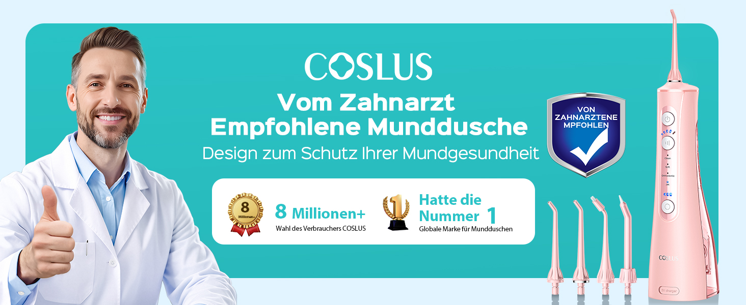 COSLUS Електрична душова насадка бездротова: 20 бар, IPX7, водонепроникна, 4 режими для гігієни порожнини рота, 5 інтенсивностей (Рожева)