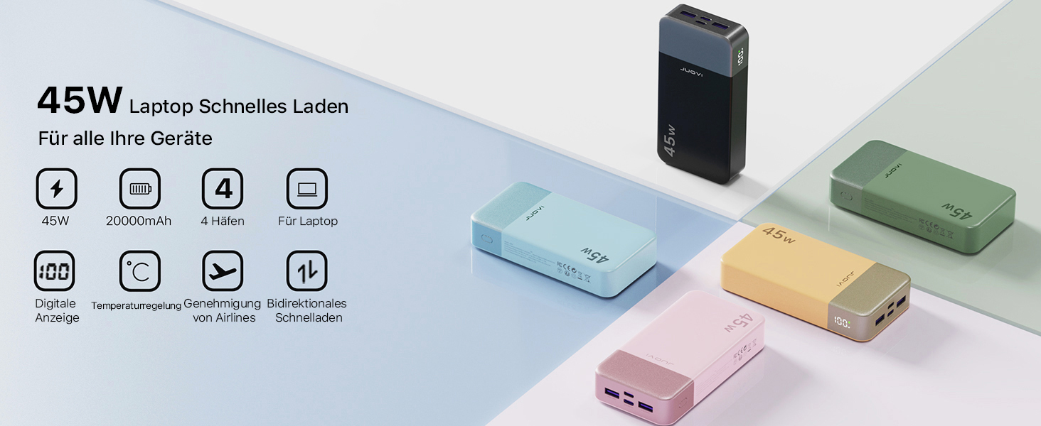 Портативний Power Bank JUOVI J2621, 20000mAh, 45W, сумісний з Switch, MacBook, iPhone, Samsung, Steam Deck та іншими пристроями (чорний)