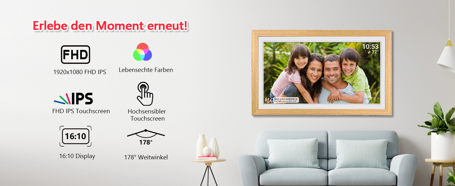 Цифровий фоторамка FRAMEO 21.5 дюймів з IPS LCD сенсорним екраном, Wi-Fi, 32 GB, USB/SD розширення, Auto-Rotate, для кріплення на стіну, жовтий