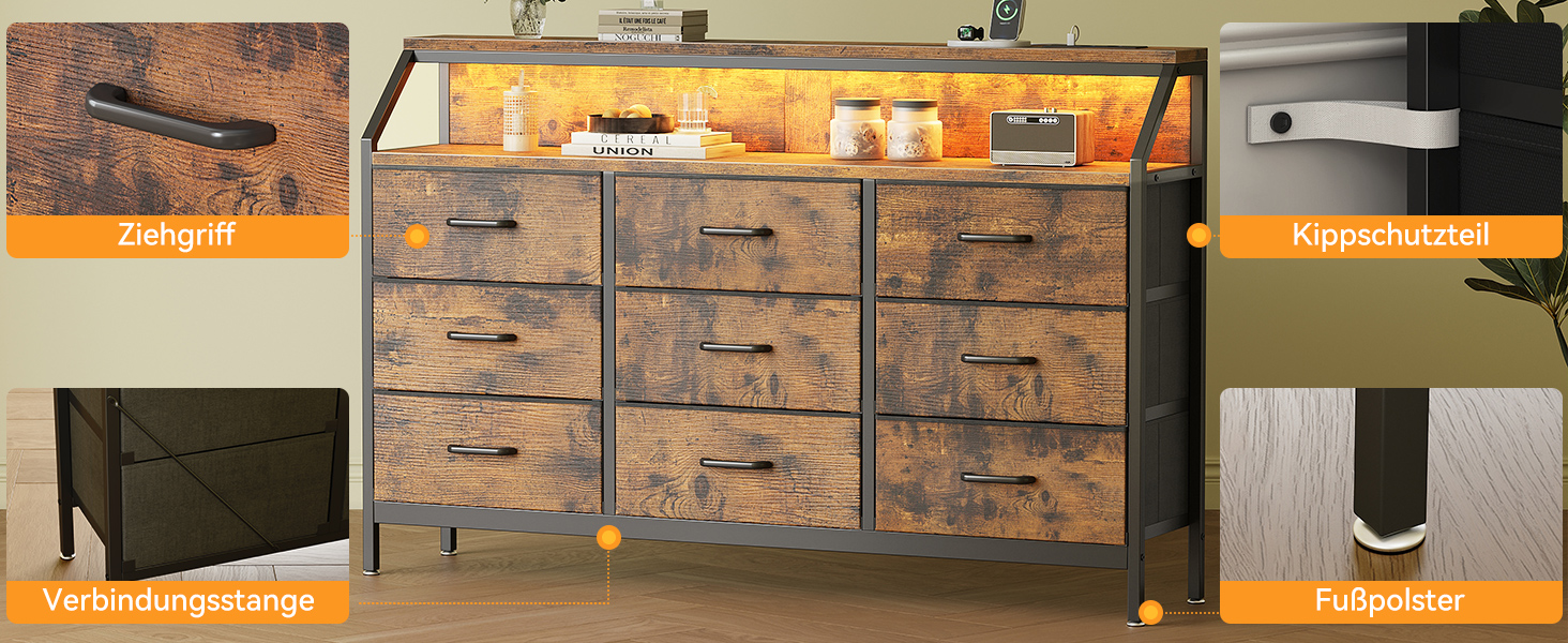 Комод ODK з висувними ящиками, 9 тканинних ящиків, 2 розетки, 2 USB-порти, LED-підсвітка, для спальні/вітальні, вінтажний стиль