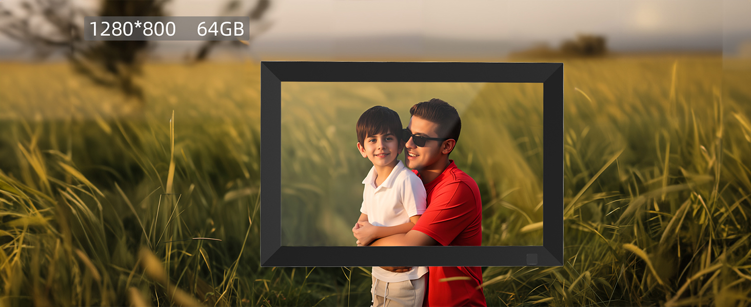 Цифровий фоторамка 10.1 дюйма з Wi-Fi, 64GB пам'яті, IPS LCD сенсорний екран 1280x800, автоповорот, аудіо, швидке завантаження фото та відео, чорний