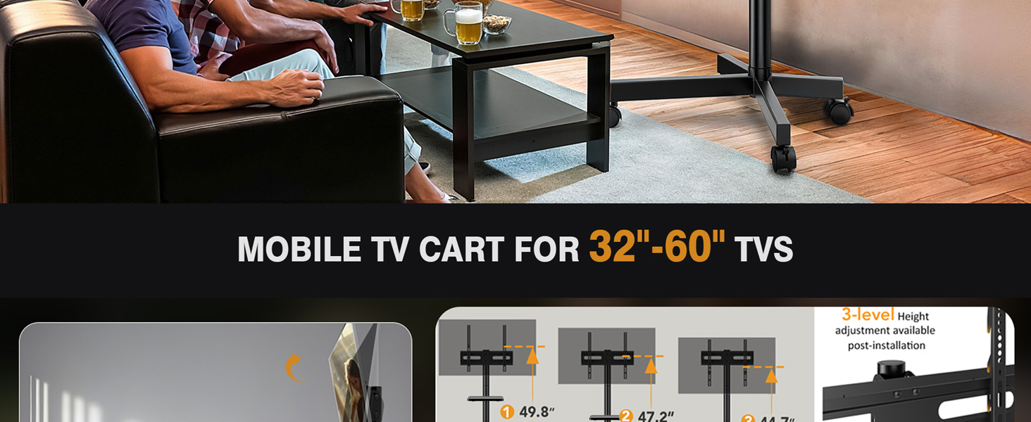 Підставка для телевізора мобільна з колесами Hemudu 23-60 дюймів, до 35 кг, VESA 400x400 мм, регульована висота