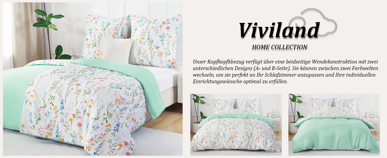 Комплект постільної білизни Viviland з мікрофібри 155x220 см та наволочки 80x80 см, м'яка дихаюча підковдра на блискавці, квітковий візерунок (зелений)