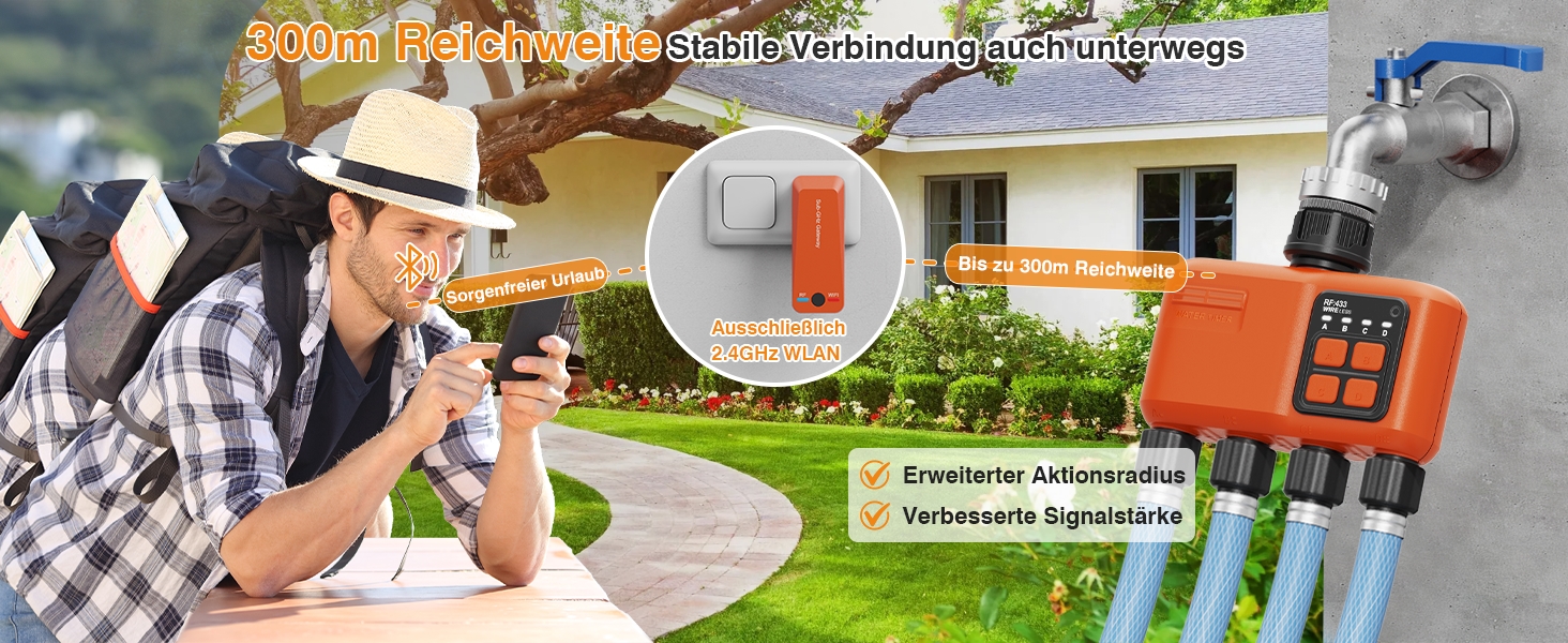 Розумний контролер поливу WiFi з RF 300м, 4 виходи, керування зі смартфону та голосом, датчик дощу для саду, балкону, газону