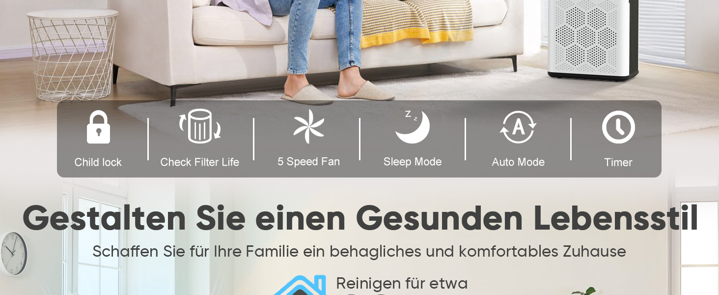 Повітряний фільтр для алергіків, квартири та кімнат для курців, з 2 HEPA фільтрами 14, проти шерсті тварин, плісняви, пилу, пилку та запахів, CADR 350 м³/год для 120 м², керування через додаток, таймер, тиха робота 22 дБ, 120 м², керування через додаток (Білий)