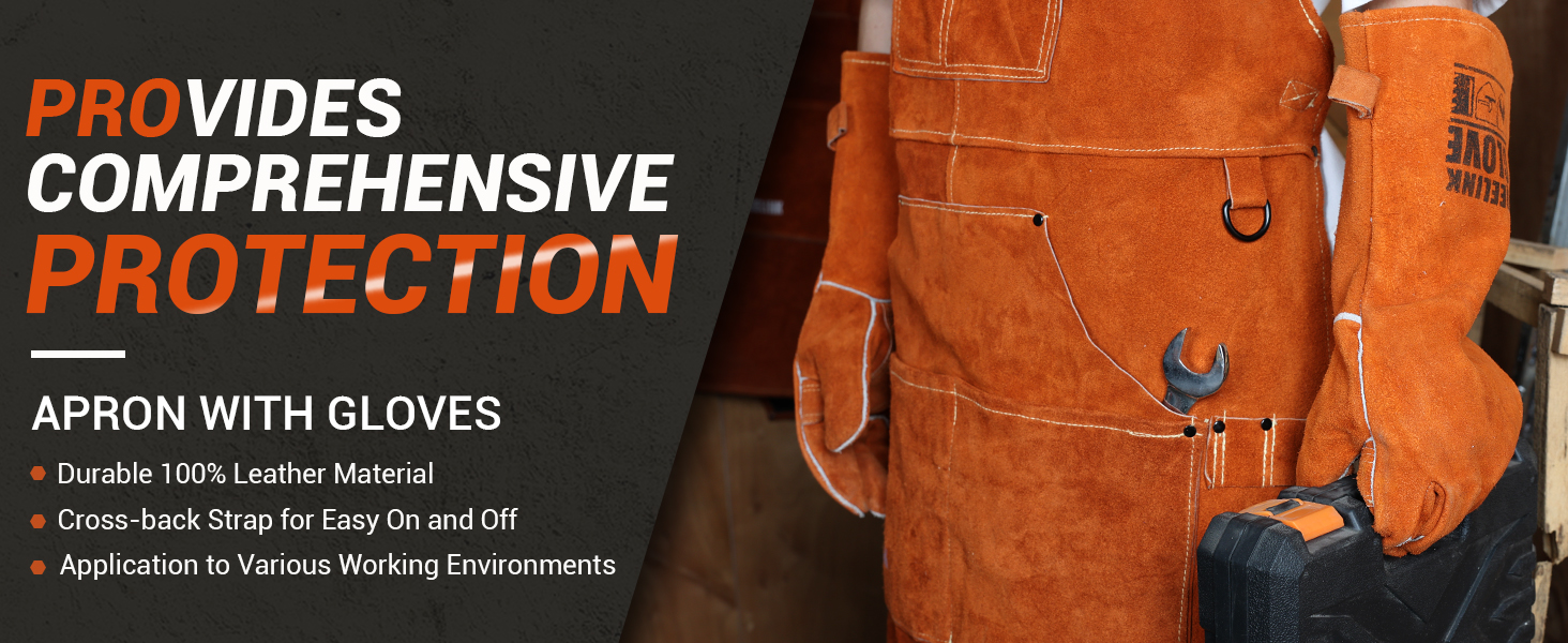 Швейний фартух QeeLink зі шкіри з рукавичками, 6 кишень, вогнестійкий та жаростійкий, коричневий