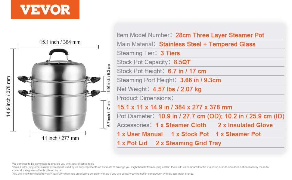 Пароварка VEVOR 28 см з нержавіючої сталі зі скляною кришкою, 3 яруси, включаючи 2 вставки, ідеально підходить для овочів і риби