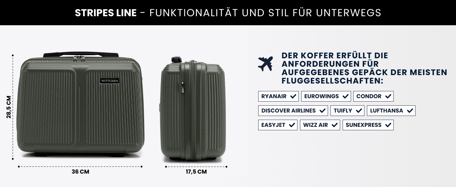 Валіза велика Wittchen Stripes Line XL (76.5x50x29 см) — Жорстка пластикова валіза-тролей ABS 96 л, 4 колеса 360°, кодовий замок, колір Khaki (з косметичкою S)