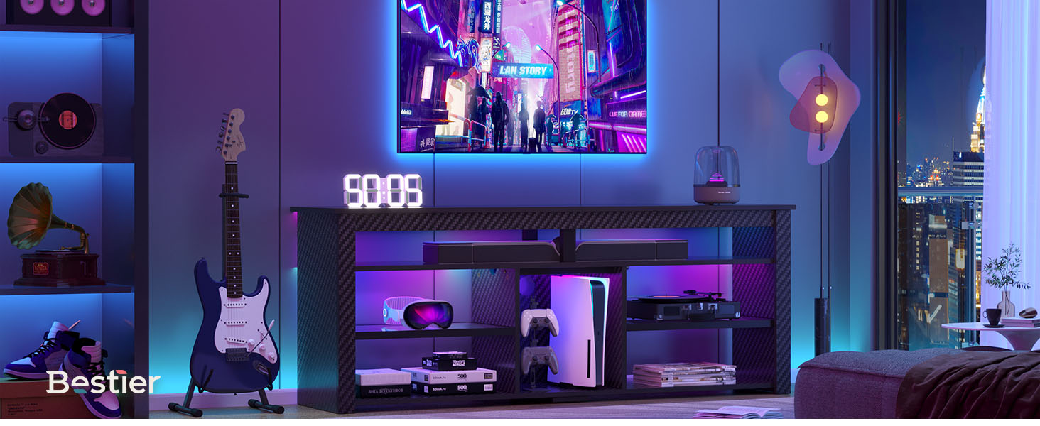 Тумба під телевізор Bestier 70 дюймів з LED-підсвіткою, для PS5, чорний мармур 160x33.8x66.8 см