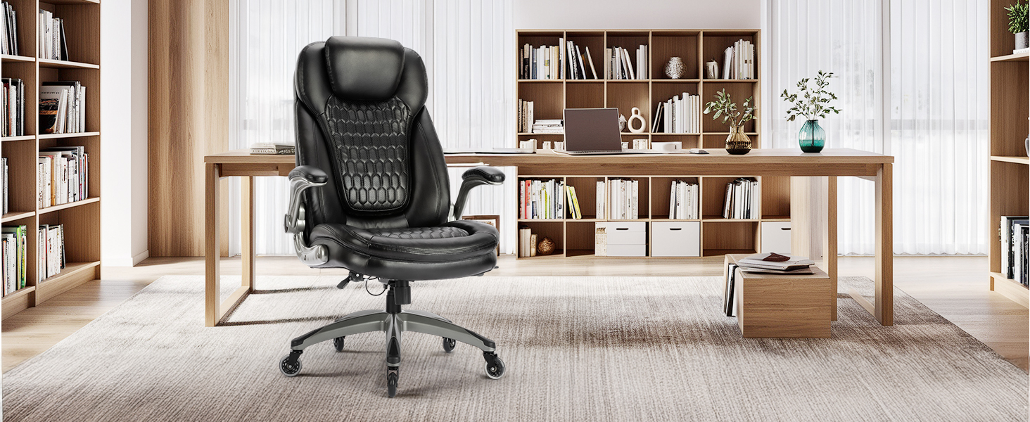 Крісло шеф COLAMY з дихаючої шкіри – ергономічне офісне крісло з пружинним блоком, відкидними підлокітниками та тихими роликами для дому та офісу, чорне
