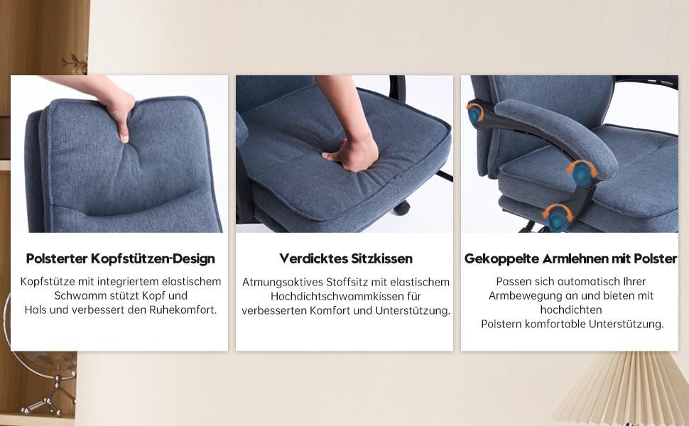 Ергономічне крісло для офісу, комп'ютерне крісло для начальника з регульованою спинкою 90-135° та підніжкою, сіре, тканина, 150 кг