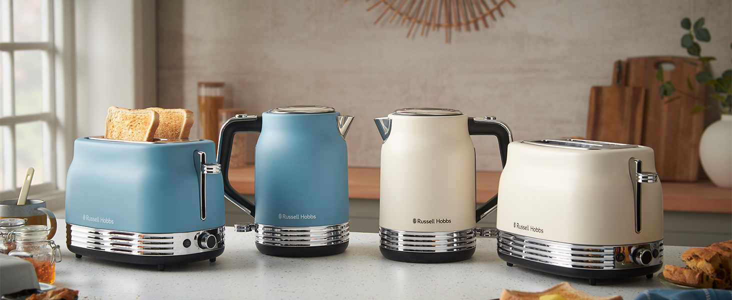 Тостер Russell Hobbs Hanley Crème-Weiß на 2 тости, 6 режимів, розморожування, підігрів, підставка для булочок