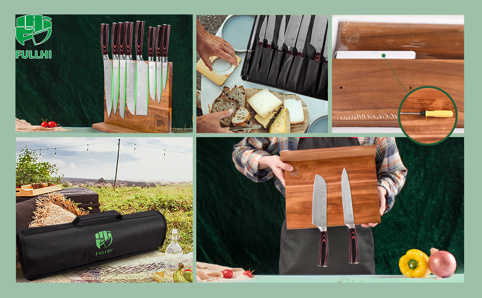 Японський набір ножів Fullhi 15 предметів з магнітним підставкою, з високоякісної сталі, ергономічні ручки, для професійної та домашньої кухні