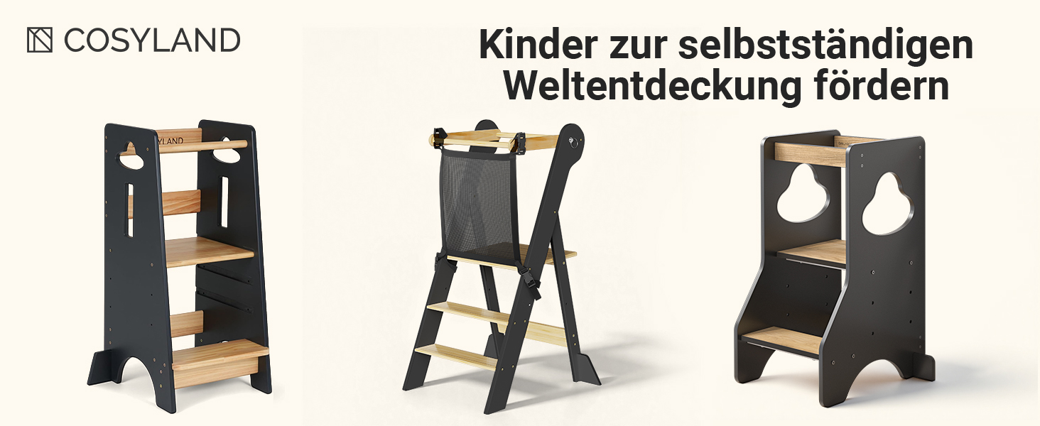 COSYLAND Монтессорі навчальний столик-сходинка для дітей від 1 року, регульована висота, складаний | Навчальний столик-сходинка для кухні | Темно-сірий-натуральний | COSYLAND