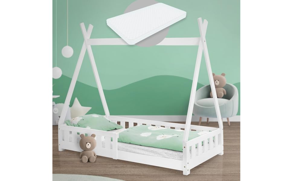 Дерев'яне ліжко-будиночок Tipi ML-Design для дітей 80x160 см з бар'єром та ламелями, з захистом від падіння, з сосни, для дівчаток та хлопчиків, ліжко-намет, індіанське ліжко