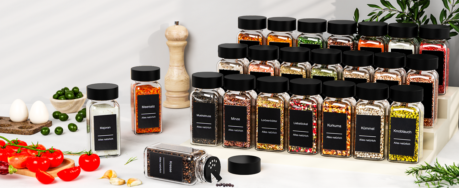 Набір баночок для спецій на 24 шт. (120 мл) – чорний, з кришками, ситечком, воронкою та 340 етикетками | Органайзер для спецій