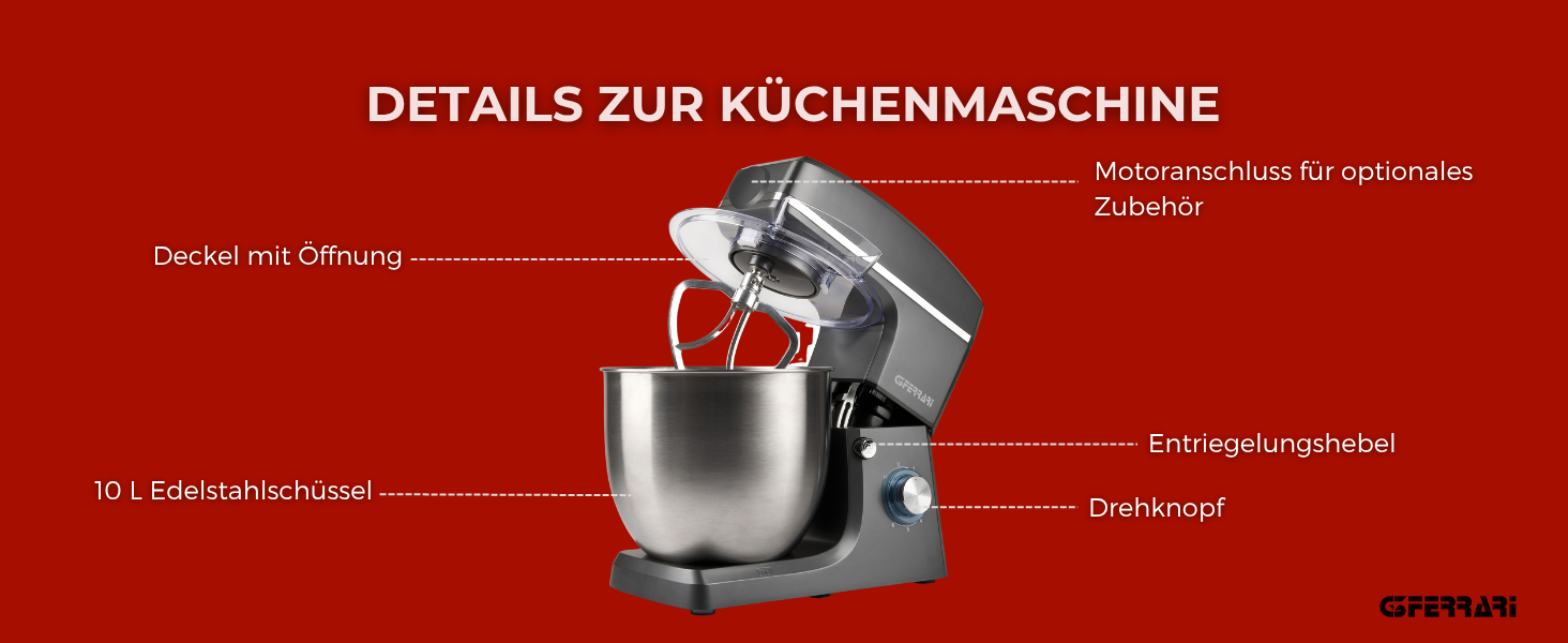 Кухонна машина Pastaio 10 & Lode, 1500 Вт, 10 літрів, нержавіюча сталь, 6 швидкостей, сірий колір