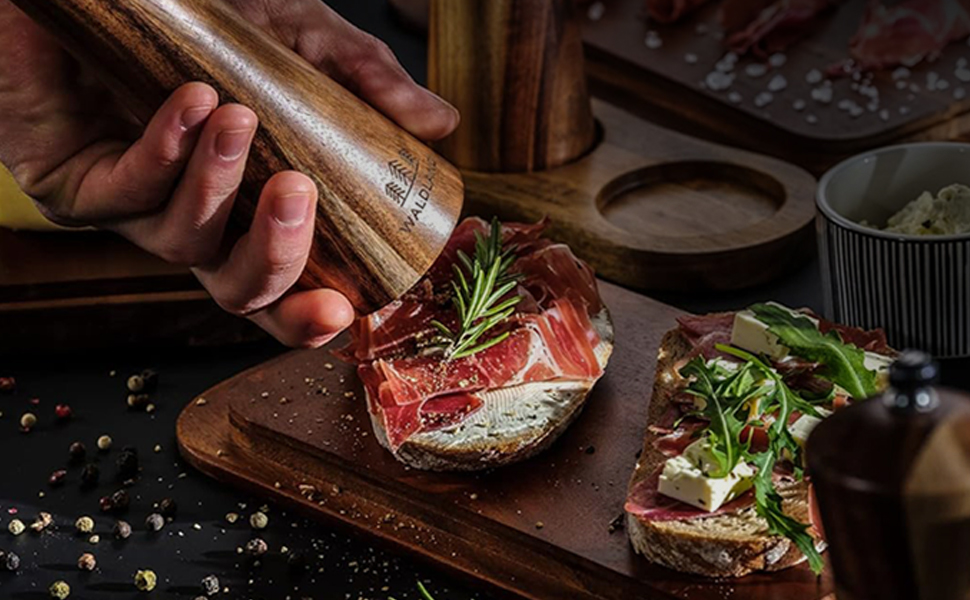 Набір для солі та перцю WALDLAND® з дерева з підставкою (21 см) | Мельниці для спецій з керамічним механізмом | Набір перчниці та солізниці