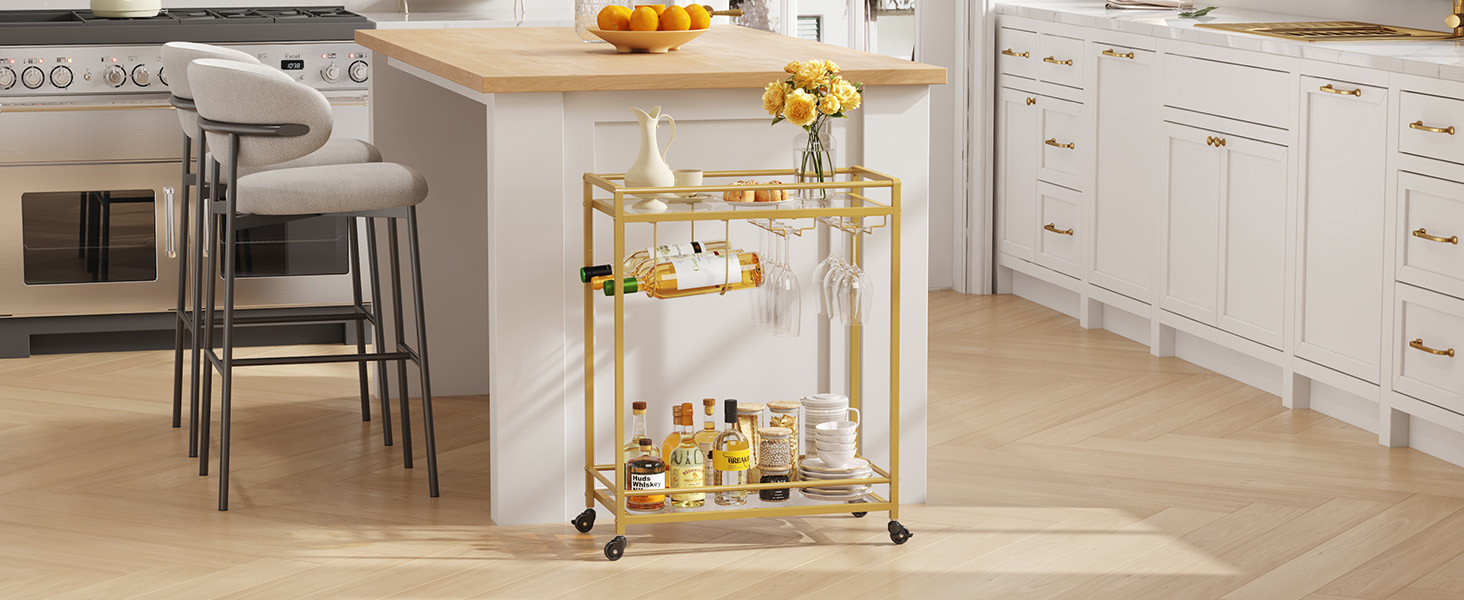 Візок кухонний LifeWit з 3 рівнями, сервірувальний візок на колесах, візок-бар для кухні, вітальні, їдальні, офісу (золотий, 60x30x71 см)