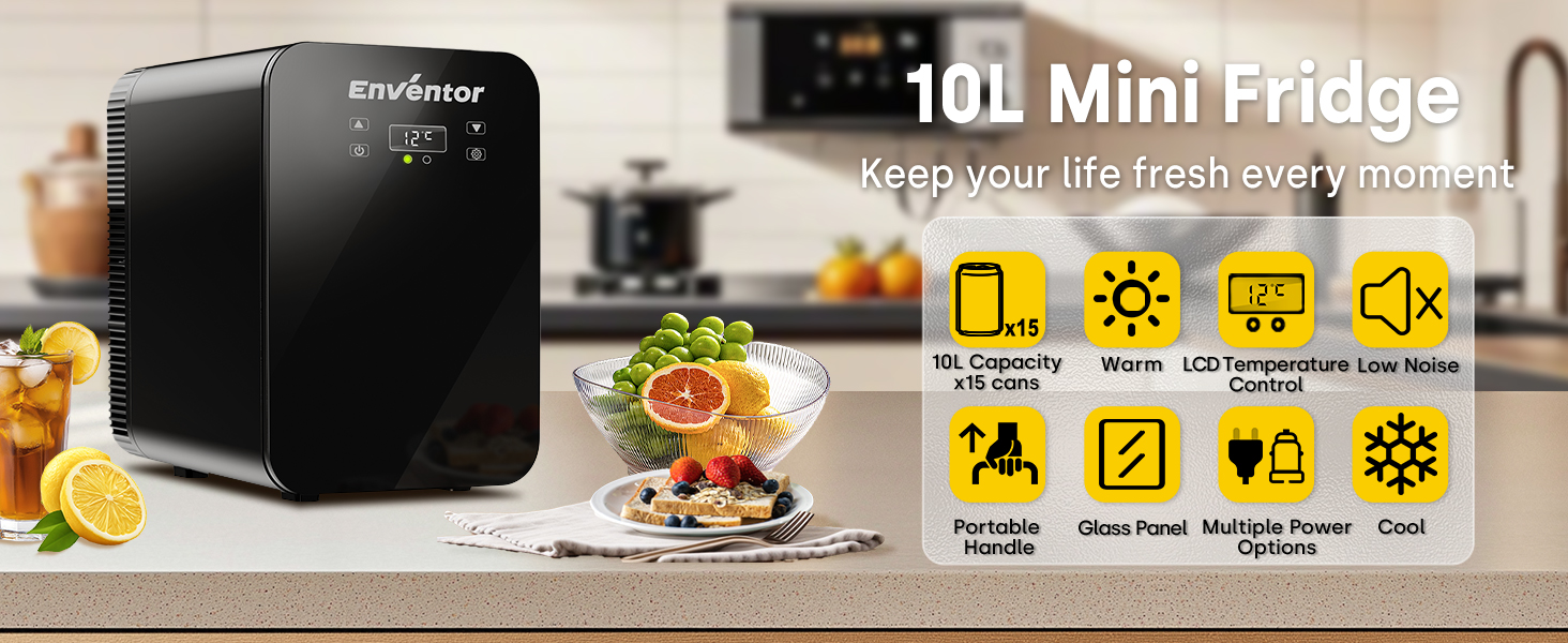 Mini холодильник Enventor 10L: компактний, тихий, з функцією охолодження та нагріву (12V/220V) для авто, спальні, офісу, косметики (чорний)