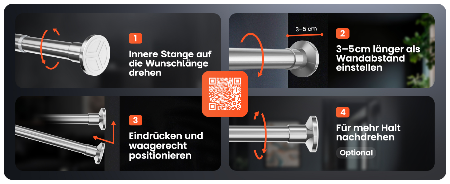 Штанга для душу без свердління 160-210 см, срібна, Ø 25 мм, телескопічна, з кріпленнями - для вікна, душу та перегородки