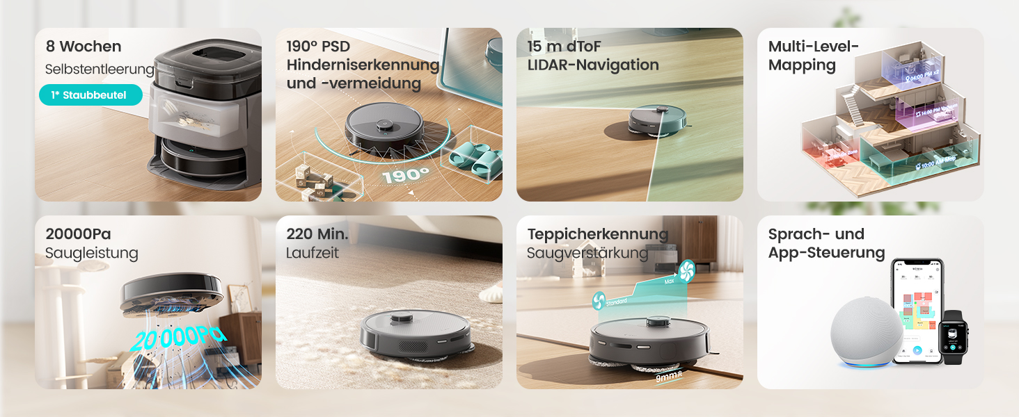 Робот-пилосос LEFANT M3 MAX: 6000Pa, вологе прибирання, лазерна навігація, антизаплутування, керування через додаток та Alexa, для тварин та килимів