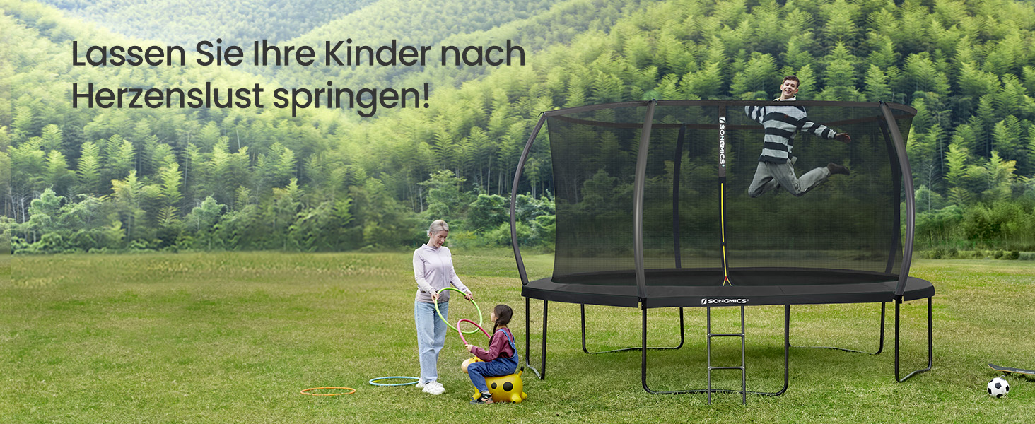 Батут SONGMICS вуличний Ø427 см з захисною сіткою, драбиною та м'якими стійками, чорний