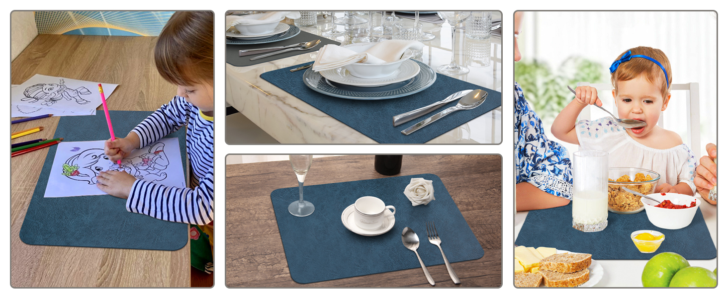 Набори підставки під тарілки 6 шт., неслизькі, миючі, з штучної шкіри, 40 x 30 см (блакитний/сірий)