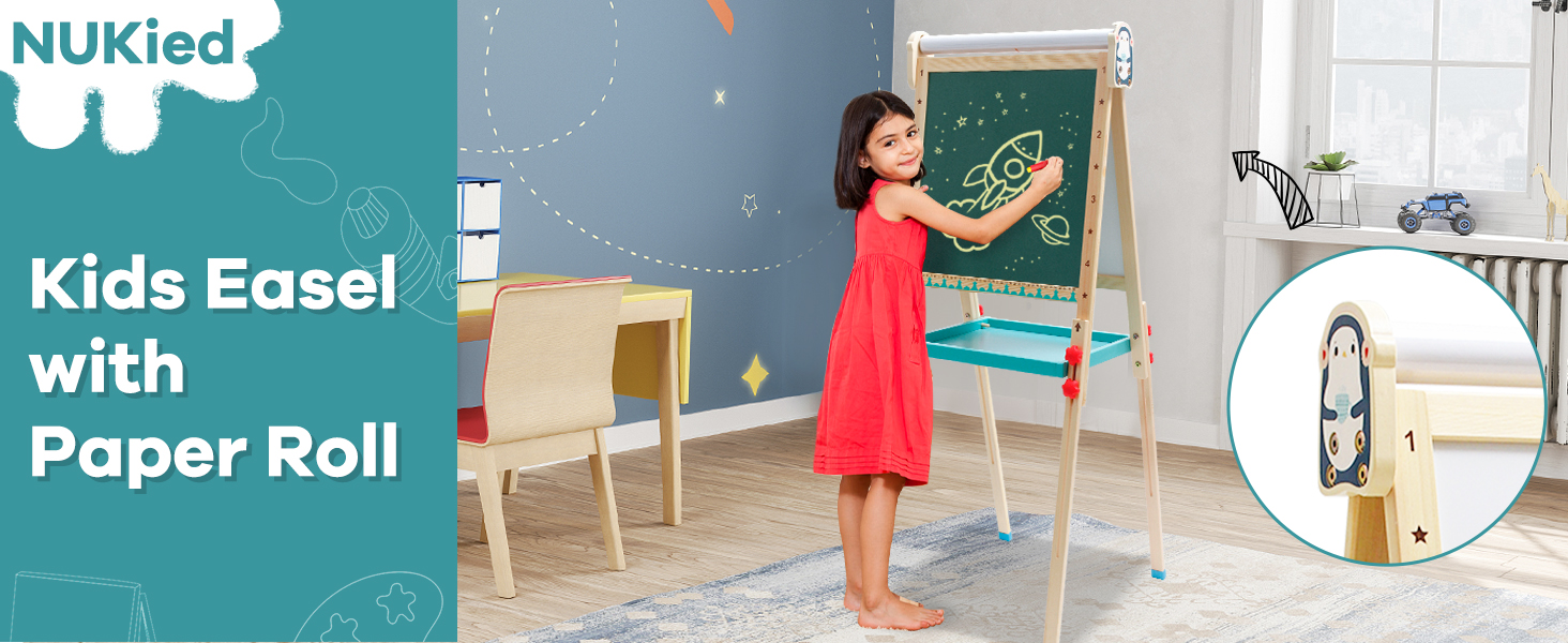 Дерев'яна іграшко-дошка Kinder Pinguin з рулоном паперу, двостороннє Whiteboard та дошка, стійка з аксесуарами для дітей та малюків