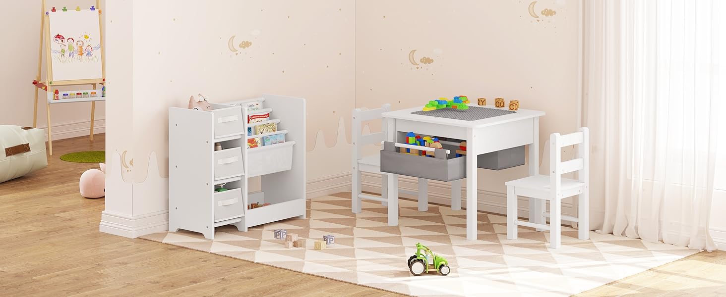 Поличка для дитячої кімнати Lestarain, органайзер для іграшок, 65x60x30 см, з 3 ящиками та 4 кишеньками, з масиву дерева МДФ, біла