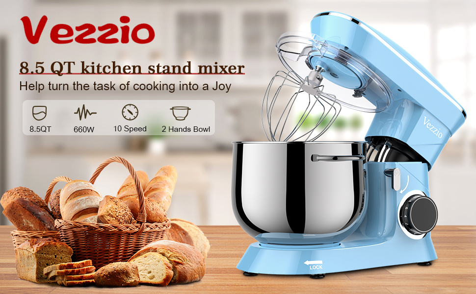 Кухонна машина Vezzio 1500W з чашею 8.5L з нержавіючої сталі, 10 швидкостей, для замішування та збивання тіста, з набором насадок (Синій)