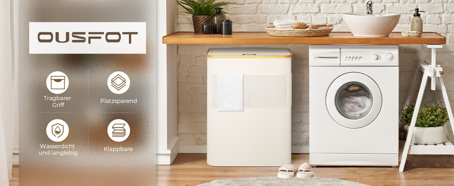 Кошик для білизни OUSFOT з кришкою, 3 відділення, 158л, сортер для білизни, знімний мішок, сітчаста кишеня, бамбукова коробка для білизни, бежевий