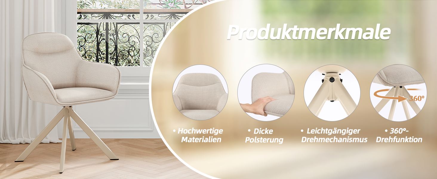 Обідні стільці поворотні з підлокітниками, комплект 6 шт, з м'яким сидінням з велюру, бежевий колір, для кухні та вітальні