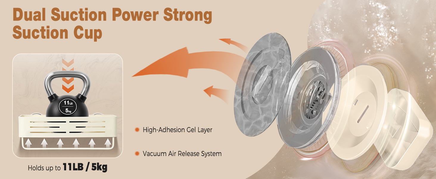 Поличка для душу кутова Lekesky без свердління, набір 2 шт, алюмінієва стійка до іржі з потужними присосками, крем, прямокутна