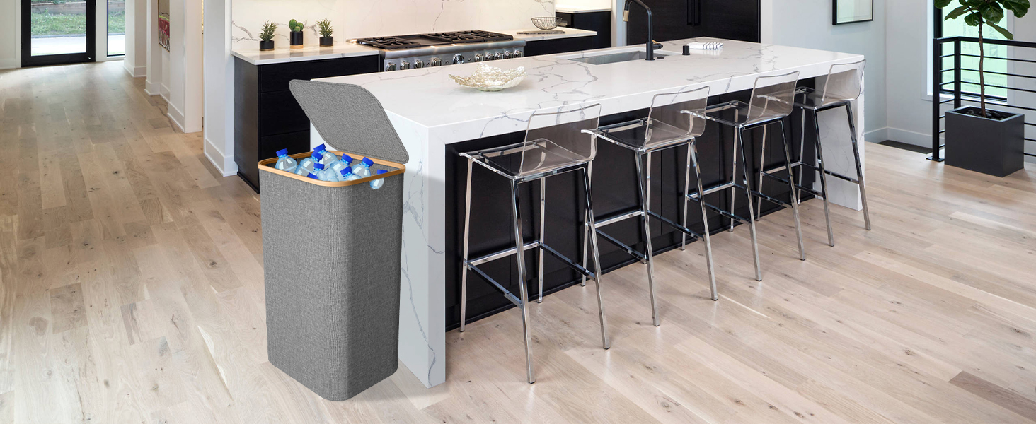 Кошик для білизни з кришкою, вузький, бамбукові ручки, внутрішня кишеня, складний, переносний, 95л, темно-сірий