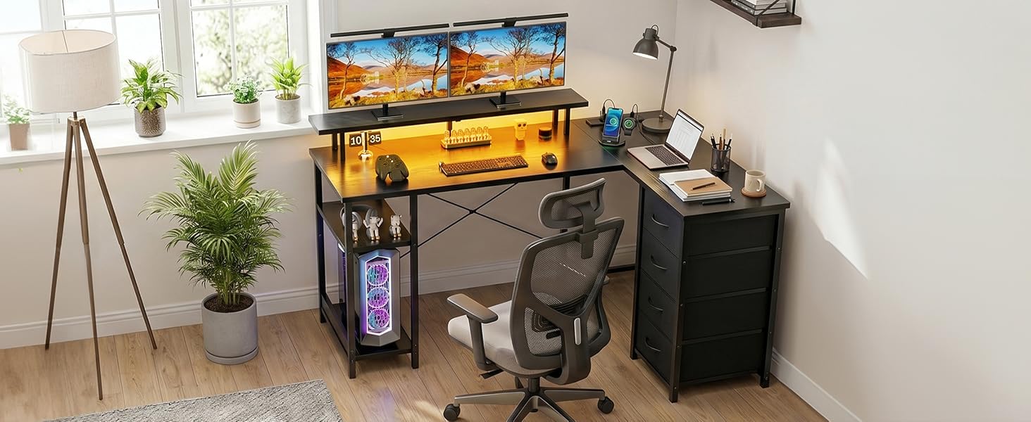 Кутовий ігровий стіл YOUDENOVA L-подібний з LED-підсвіткою, 4 шухлядами, розеткою та полицею для монітора, чорний, 142x107 см