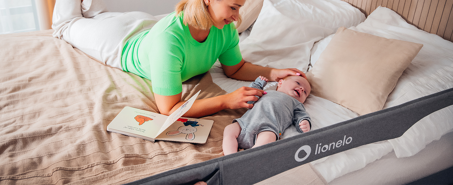 Бортик для ліжка Lionelo Eva захисний, 150 см, бежевий - сітка, складаний (180°), легкий монтаж